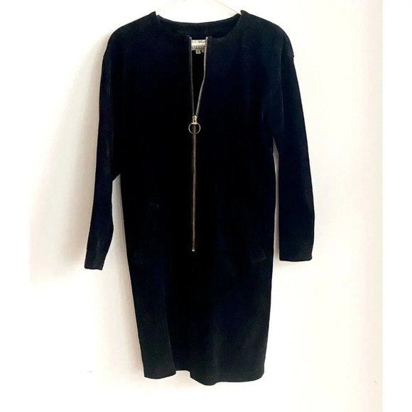 Vintage Brettons Collection 60s Style Black Suede Front Zipper Sheath Dress 6 - Picture 1 of 4